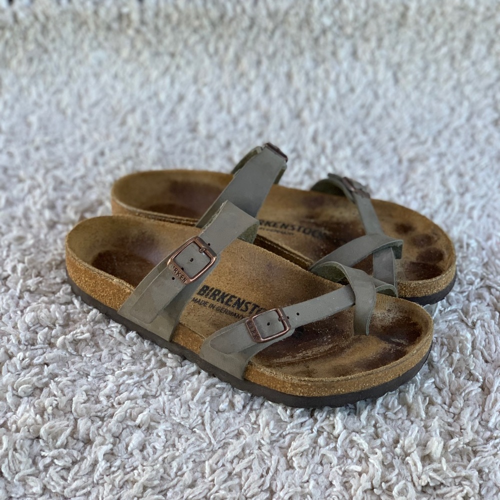 Birkenstock Mayari Slide Toe Strap Buckle Sandal Stone Faux Nubuck Women 38/7.5